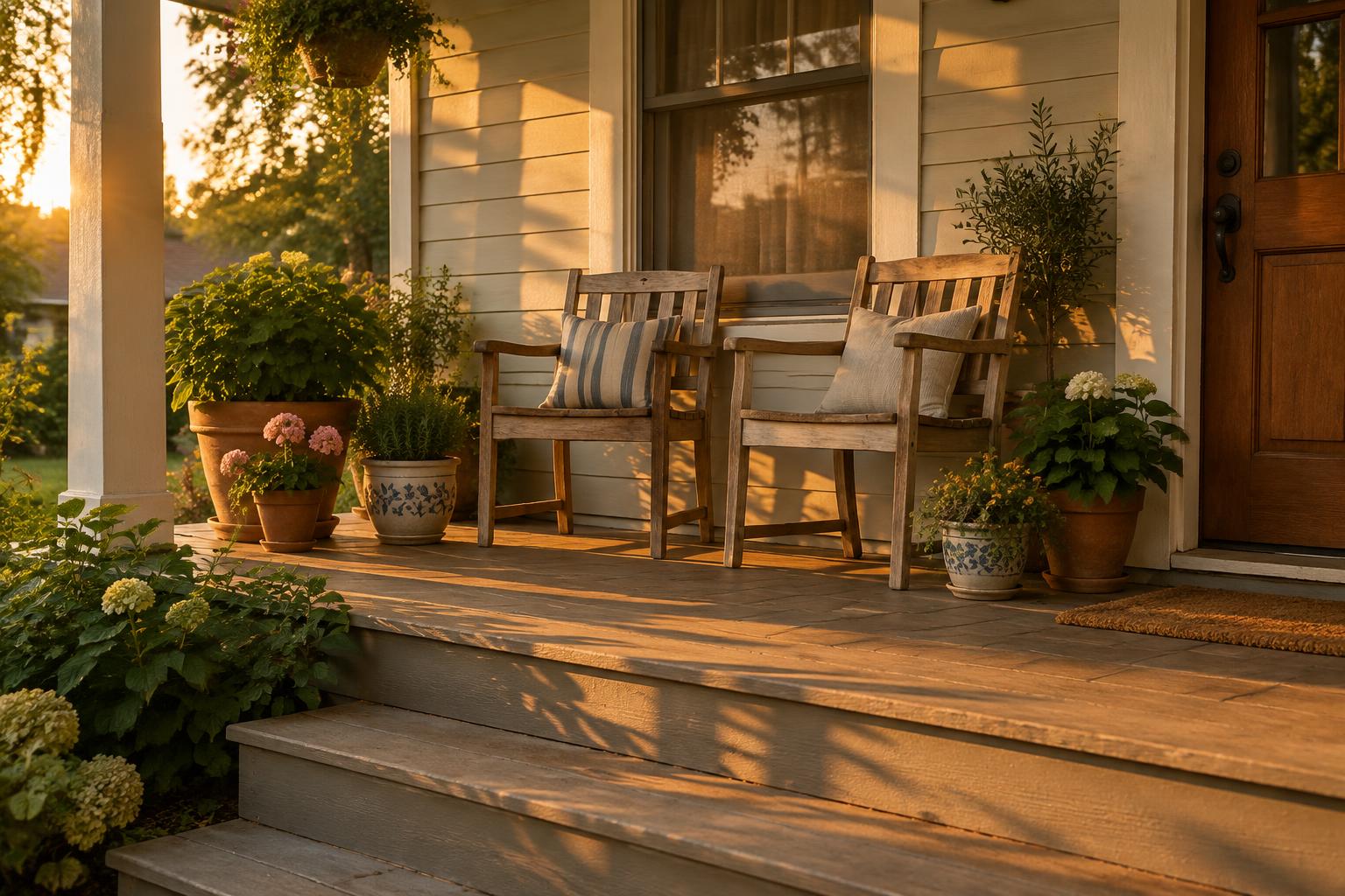 A wooden front porch with two armchairs and potted plants in warm late-afternoon light