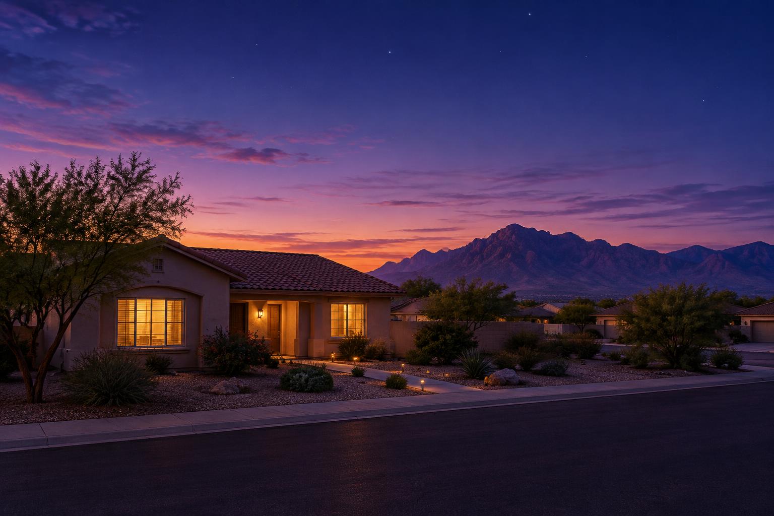 A single-story house at dusk with warm light in the windows, beneath a purple evening sky